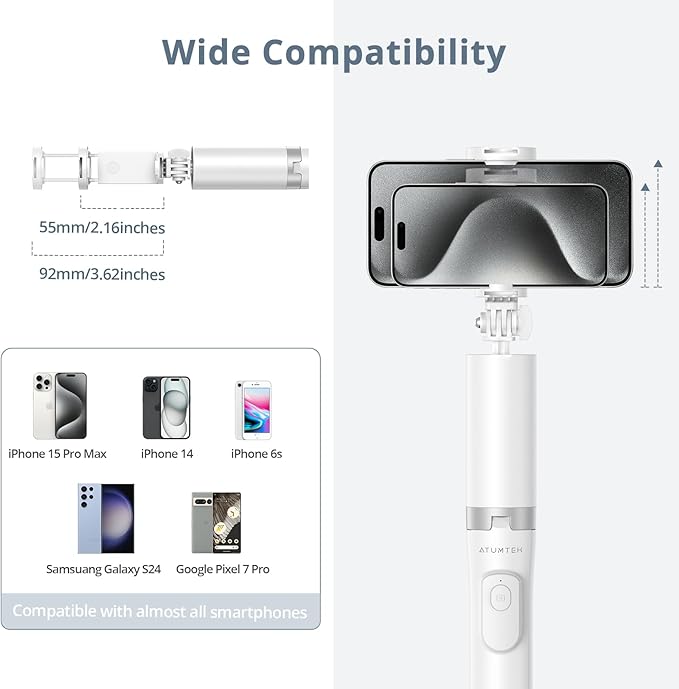 ATUMTEK 63" Phone Tripod, Extendable Selfie Stick Tripod with Bluetooth Remote, All-in-One Aluminum with Cold Shoe Mount for GoPro, 4"-7" iPhone and Android Smartphones, White