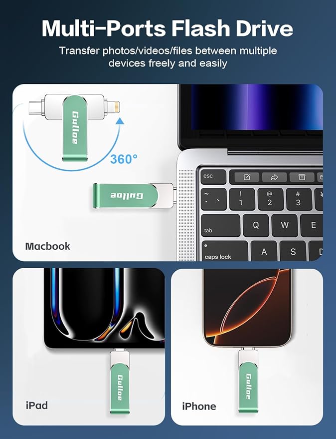 Gulloe 32GB Flash Drive Intended for iPhone, Memory Stick Storage for Photos and Videos Backup, Compatible with iPhone iPad Android PC, Plug and Play, No Application Required (Light Green)