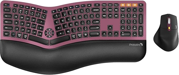 ProtoArc Ergonomic Wireless Keyboard Mouse, EKM01 Plus Full Size Ergo Bluetooth Keyboard Mouse Combo, Split Design, Wrist Rest, Multi-Device, Rechargeable, for Windows/Mac OS - Wine Red