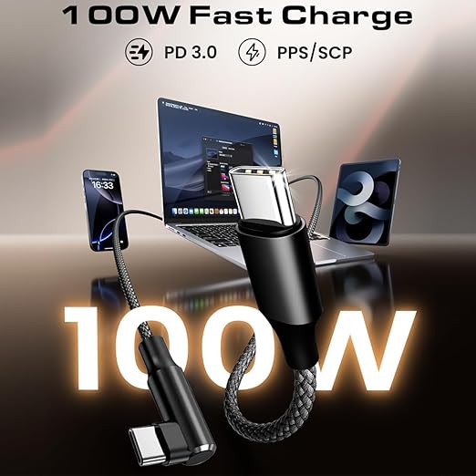 100W 2 Pack 3+6FT Type C to Type C Fast Charging Cable USBC to USBC Cord 90 Degree USB C Cable Right Angle for iPhone 16 15 Samsung Galaxy S24 S23 iPad MacBook Pixel USB C Charger