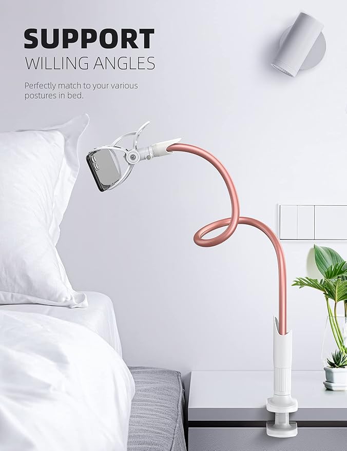 Lamicall Phone Holder Bed Gooseneck Mount - Cell Phone Clamp Clip for Desk, Flexible Lazy Long Arm Headboard Bedside, Overhead Mount Stand, for 4-7" Phone, iPhone 15 Pro Max, 14 Plus, 13, Rose Gold