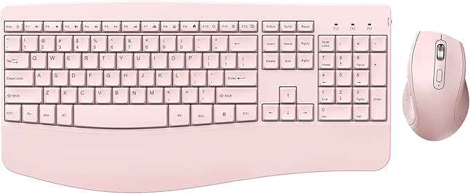 Wireless Keyboard and Mouse - Full Size Ergonomic Keyboard with Palm Wrist Rest Ergonomic Mouse Cordless for Windows Computers Laptops - Light Pink (Upgrade)