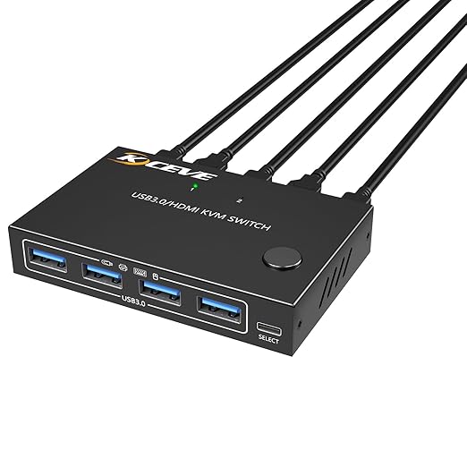 HDMI KVM Switch 1 Monitors 2 Computers 4K@60Hz, USB3.0 KVM Switches EDID Simulator 2 Ports for 2 PC Sharing Single Monitor and Keyboard Mouse with Wired Extend Controller and USB3.0 Cables