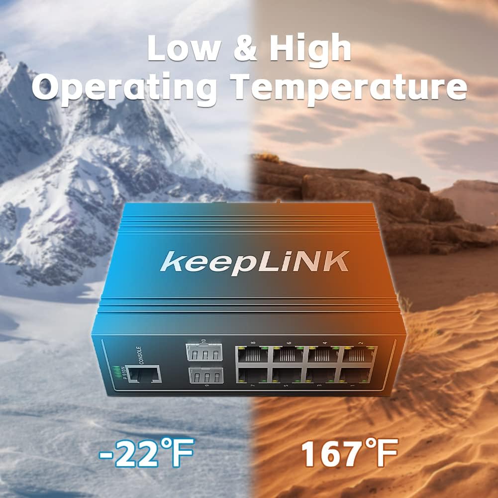 10-Port Industrial Gigabit PoE Switch, Managed with 8 PoE+@130W, 2 SFP Slots, DIN Rail Network Switch, IP40, Operating Temperature Range of -30° – 75°C (-22° – 167°F), Lifetime Protection
