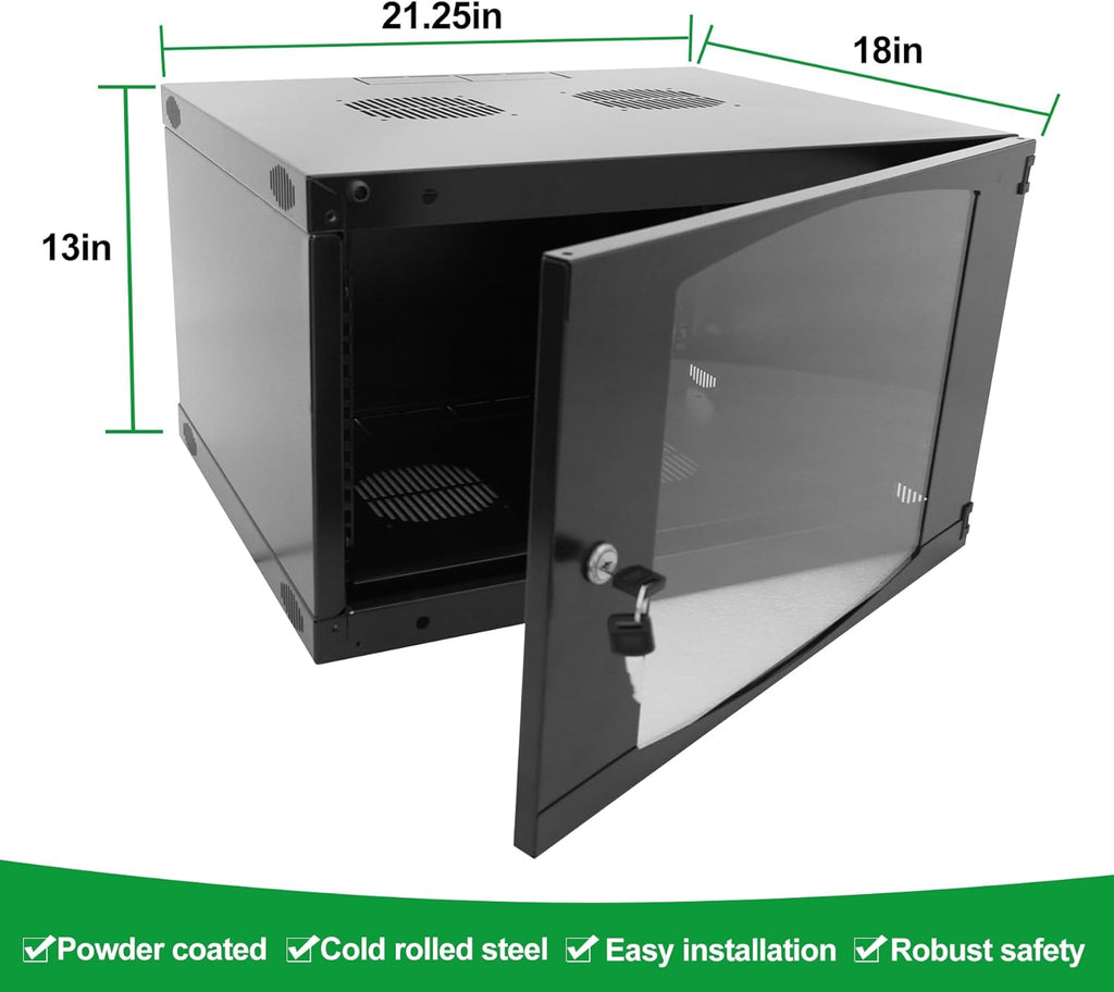 6U Server Cabinet Wall Mount Rack Enclosure with 2 Server Fans Locking Glass Door Removable Side Panels 19in Network Cabinet 13" Installation Depth for Computer/Audio Video/Data Equipment(13INCH, 6U)