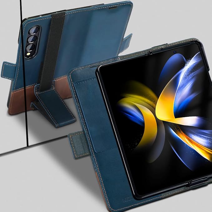 KEZiHOME for Galaxy Z Fold 4 5G Case, Genuine Leather Wallet Case with Card Holder [RFID Blocking] Kickstand Magnetic Book Flip Case Compatible with Samsung Galaxy Z Fold 4 2022 (Royal Blue/Brown)