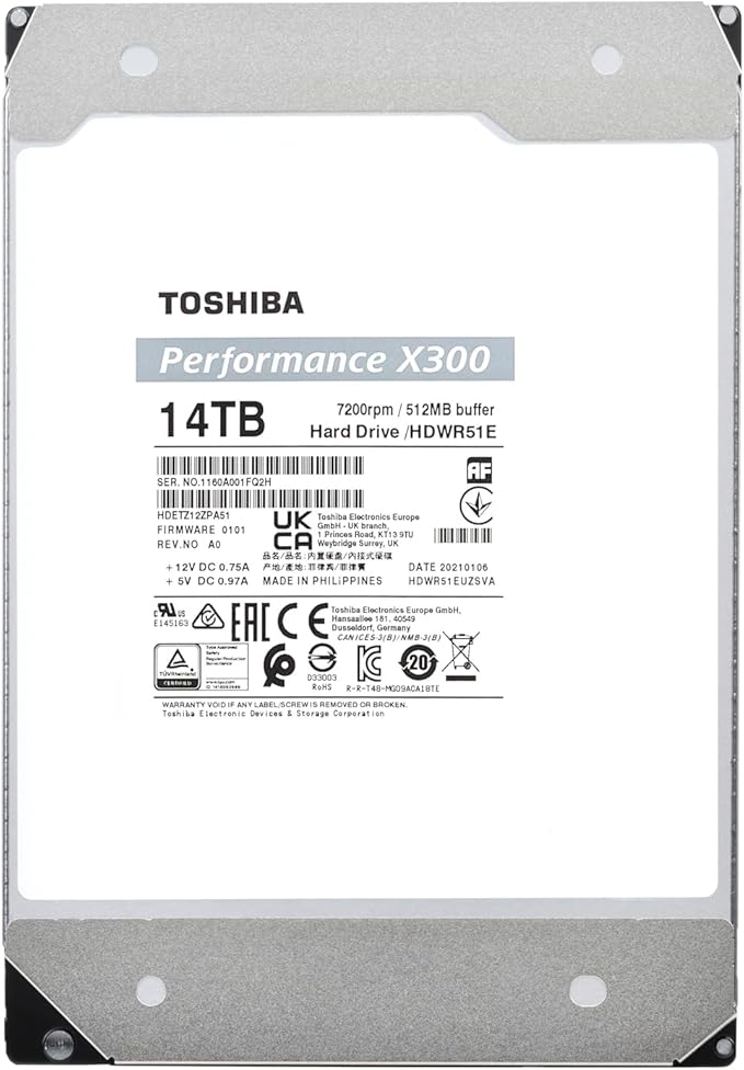 Toshiba X300 14TB Performance & Gaming 3.5-Inch Internal Hard Drive - CMR SATA 6 Gb/s 7200 RPM 512 MB Cache - HDWR51EXZSTA