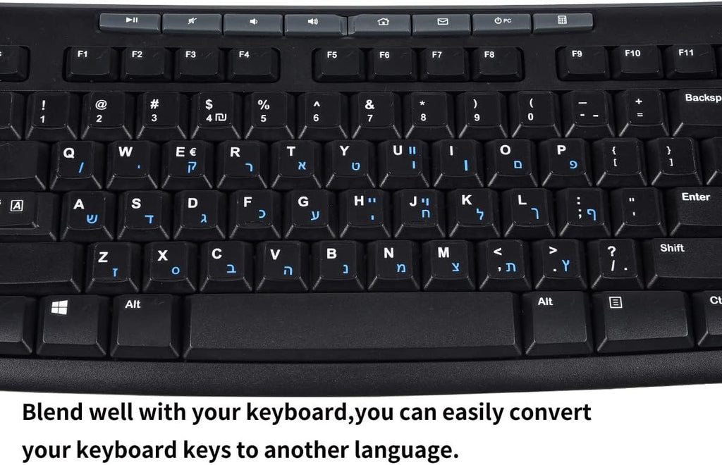 2PCS Hebrew English Keyboard Stickers Black Background with Blue Letters Replacement Stickers for PC Computer Laptop Notebook Desktop Keyboards -Each Unit: 0.43" x 0.51"