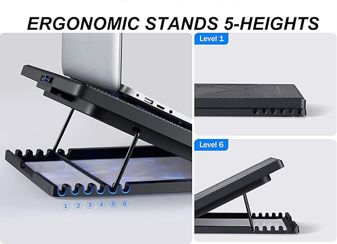 Laptop Cooling Pad 17inch 15.6 14 13 12inch Gaming Cooler Pad Chill Mat 5 Quiet Fans LED Lights and 2 USB 2.0 Ports Adjustable Mounts Laptop Stand Height Angle