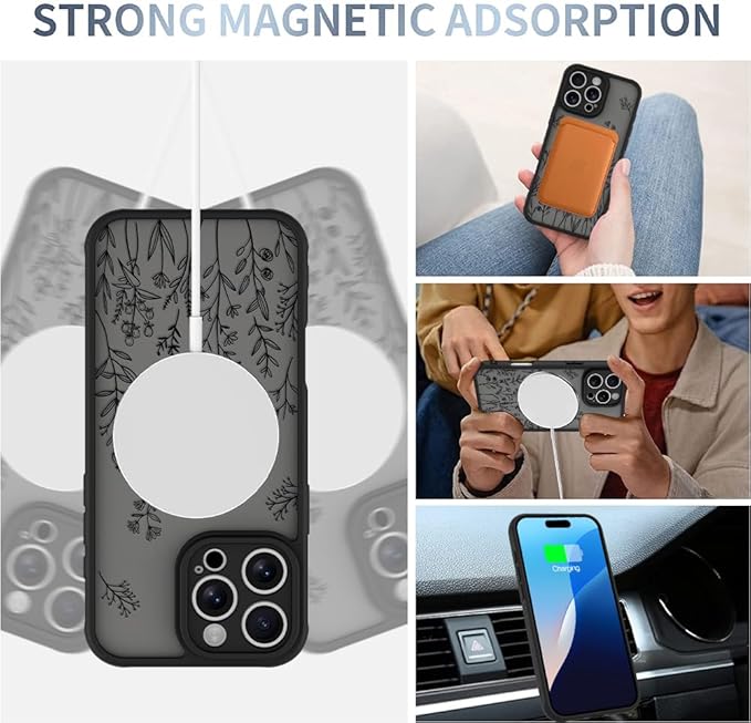 AIGOMARA Magnetic Case for iPhone 16 Pro Max [Compatible with MagSafe] Cute Black Flower Floral for Women Girls Soft TPU Bumper Hard PC Back Anti-Fall Shockproof Protective Slim Cover
