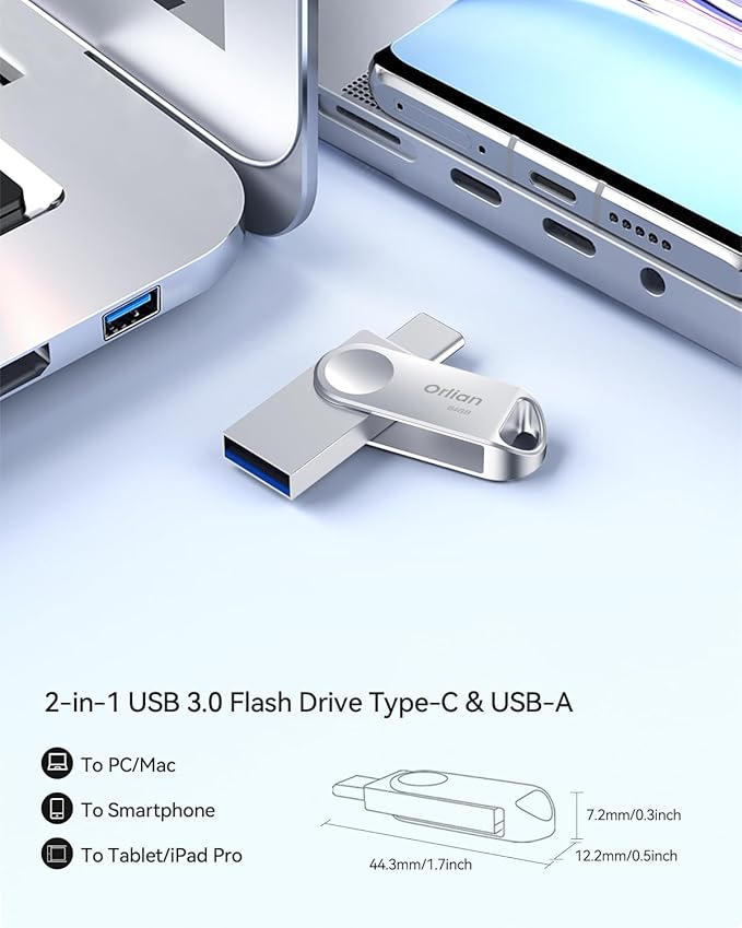 64GB USB C Flash Drive, Dual Drive USB 3.0 and Type C Thumb Drive Up to 110MB/s Read Metal Waterproof Swivel Design Portable for PC Laptop Tablet Android Smartphone iPhone 15 and More, Silver