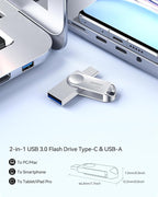 64GB USB C Flash Drive, Dual Drive USB 3.0 and Type C Thumb Drive Up to 110MB/s Read Metal Waterproof Swivel Design Portable for PC Laptop Tablet Android Smartphone iPhone 15 and More, Silver