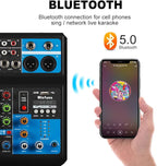 Mini audio DJ mixer Sound Board Console System,5 Channel 48V Phantom Power with Bluetooth USB MP3 Stereo live DJ Studio Streaming for professional recording party KTV stage