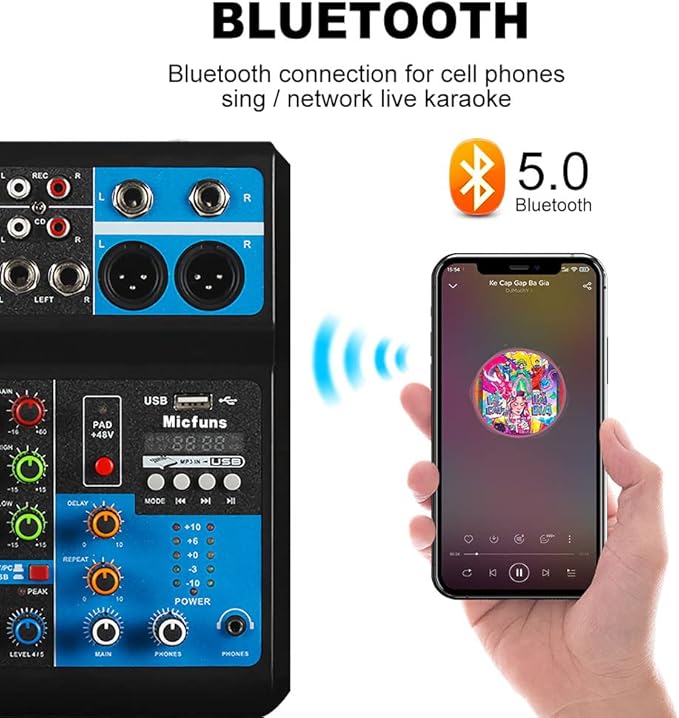 Mini audio DJ mixer Sound Board Console System,5 Channel 48V Phantom Power with Bluetooth USB MP3 Stereo live DJ Studio Streaming for professional recording party KTV stage
