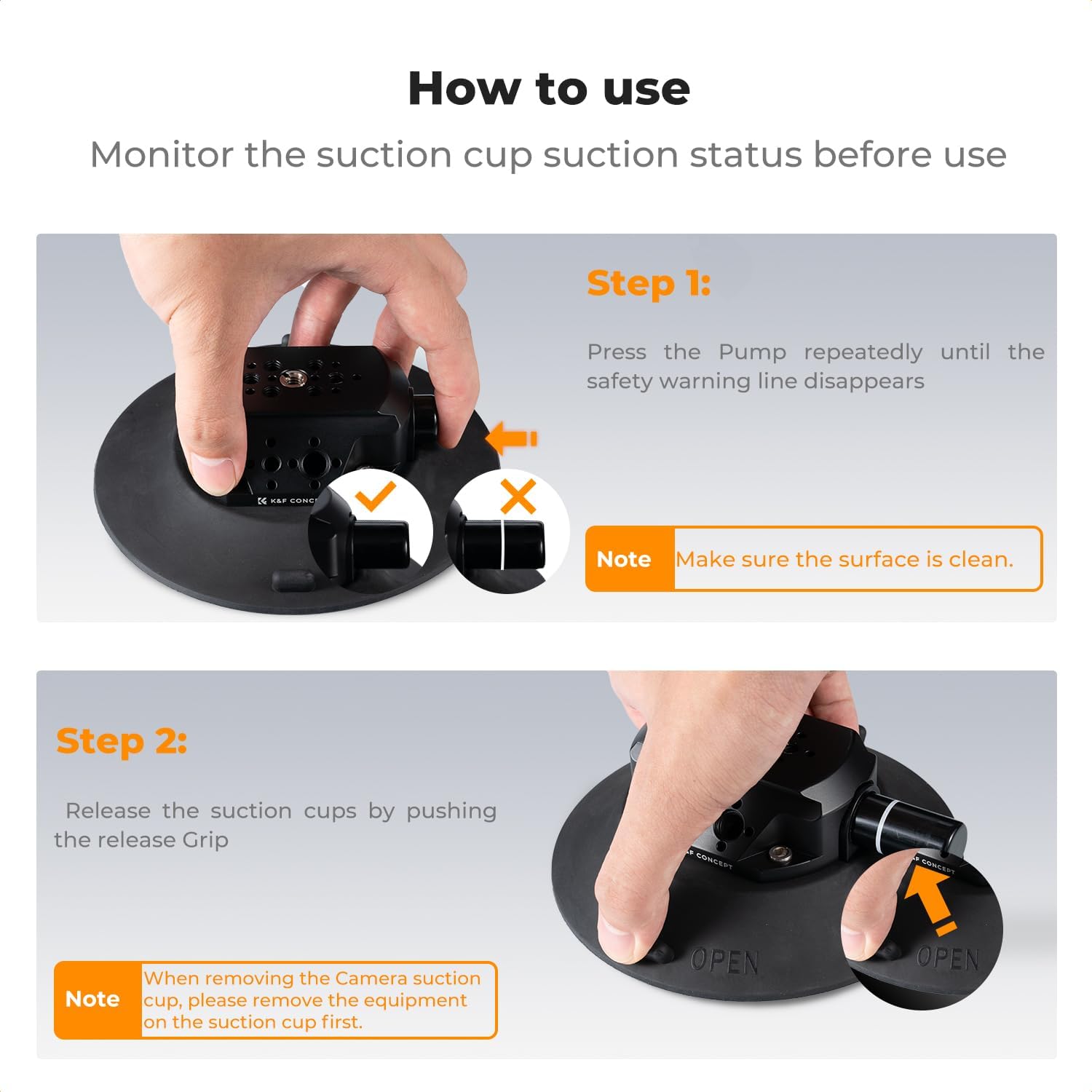 K&F Concept 6" Suction Cup Camera Mount with Magic Arm, ARRI Style 1/4" 3/8" Threads, Quick Release Car Mount for DSLRs Action Camera Phone Video Shooting Compatible with Hero 13 12 DJI Insta360