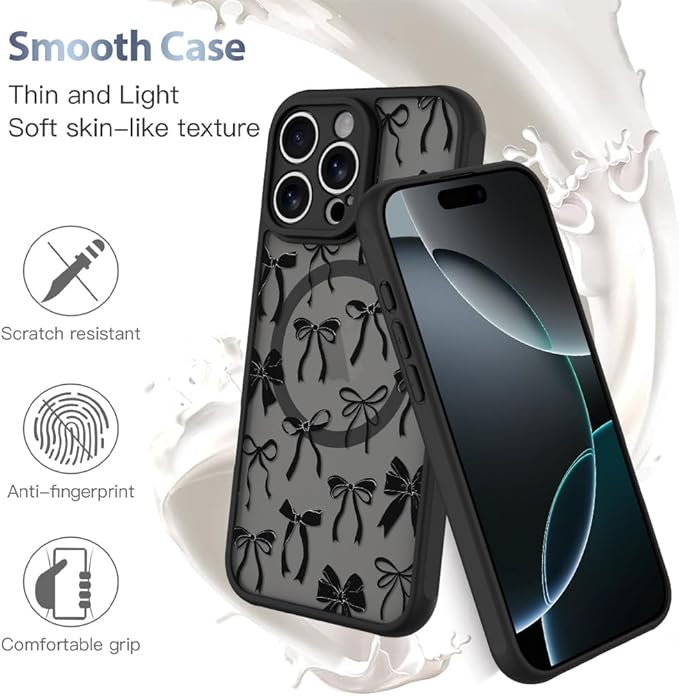 AIGOMARA Case for iPhone 16 Pro [Compatible with MagSafe] Black Ribbon Bow Pattern Design Soft TPU Bumper Hard PC Back Anti-Fall Shockproof Protective Slim Magnetic Cover for Women Girls