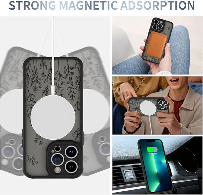 AIGOMARA Magnetic Case for iPhone 13 Pro [Compatible with MagSafe] Cute Black Flower Floral for Women Girls Soft TPU Bumper Hard PC Back Anti-Fall Shockproof Protective Slim Cover