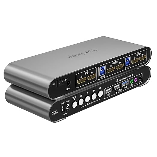 2 Computers 2 HDMI Monitors Matrix Automatic KVM Switch 4K@60Hz, Hotkey Switching, EDID, Digital Display and Aluminum Shell, USB 3.0 Hub Audio Microphone with Cables