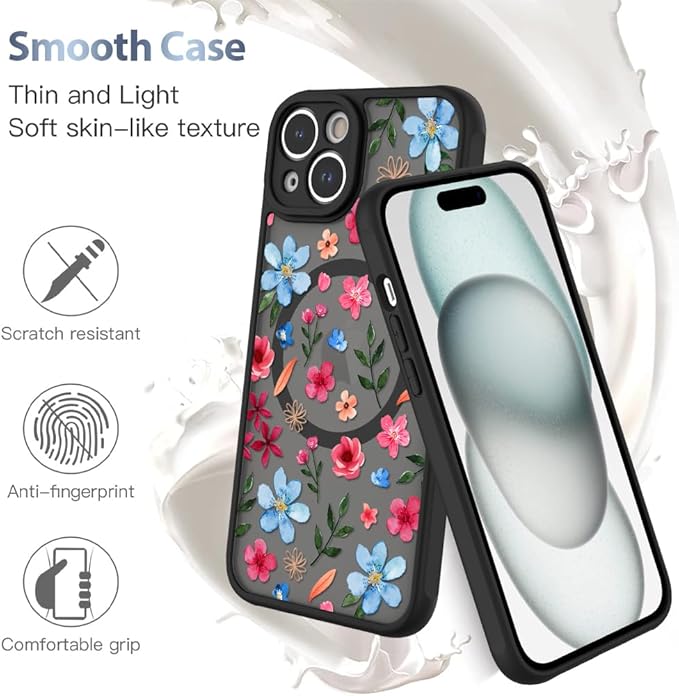 AIGOMARA Magnetic Case for iPhone 15 Plus [Compatible with MagSafe] Cute Pink Blue Flower Floral Pattern Soft TPU Bumper Hard PC Back Anti-Fall Shockproof Protective Slim Cover for Women Girls