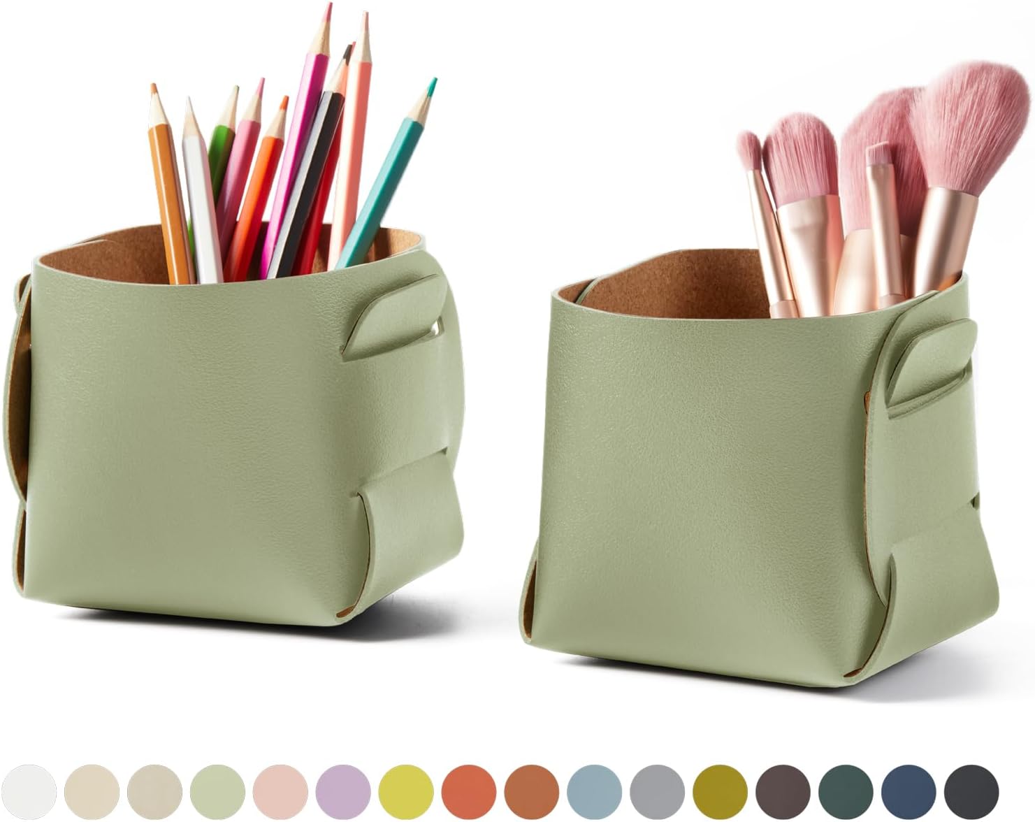 HOMIEAZICOZI 2-Pack Cork Leather Desk Accessories Storage - Pencil Pen Holder - Makeup Brush Holder Organizer - Stylish Addition to Home Decor (Light Green)