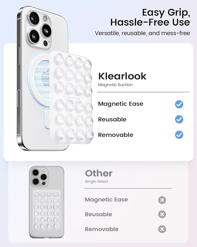 Klearlook 2PCS Magnetic Suction Phone Mount for MagSafe Case, Sticky Phone Grip Holder for iPhone, Removable Hands-Free Selfie/Video for TikTok Influencers, Women Girl Teen Gift, Transparent