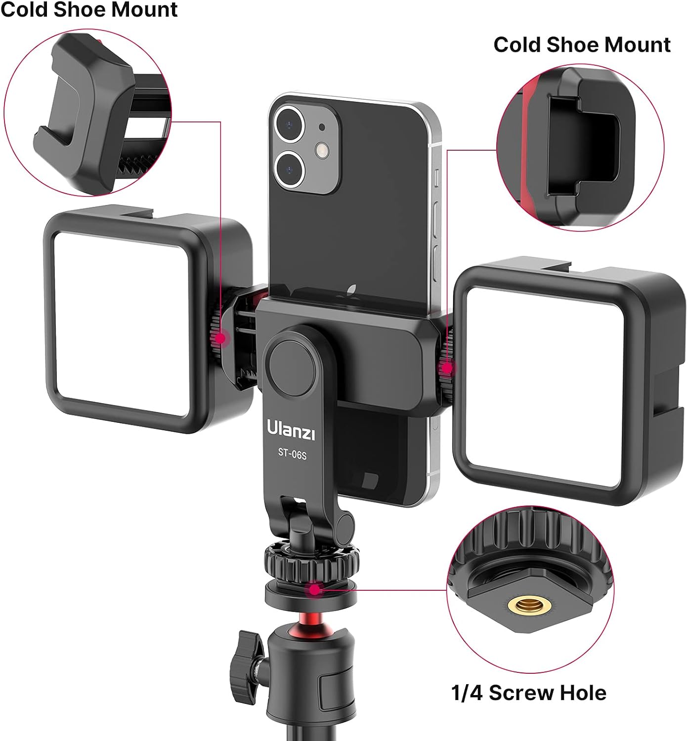 ULANZI ST-06S Phone Tripod Mount, Universal Smartphone Mount Adapter with 2 Cold Shoe, 360° Rotates Adjustable Cell Phone Clip Clamp Holder, Compatible with iPhone, Samsung Galaxy and All Phones