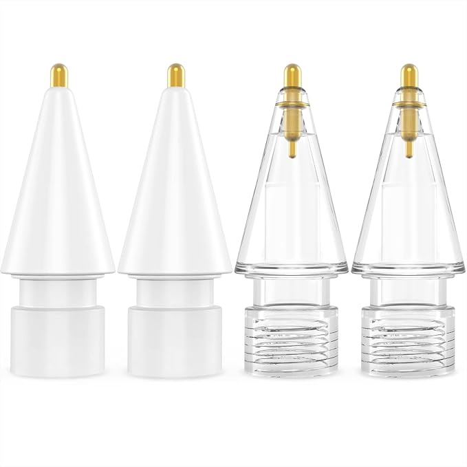 NIUTRENDZ 4 Pack Replacement Tips for Apple Pencil 2nd Generation and 1st Generation Fine Point Metal Tip, Wear-Resistant & Precise Control (1.95mm, White + Clear)