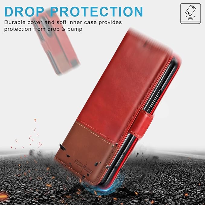 KEZiHOME for Samsung Galaxy Z Fold 6 Case, Genuine Leather Z Fold6 Wallet Case [RFID Blocking] with Card Slots Stand Flip Protective Phone Cover Compatible with Samsung Z Fold 6 5G (Red/Brown)