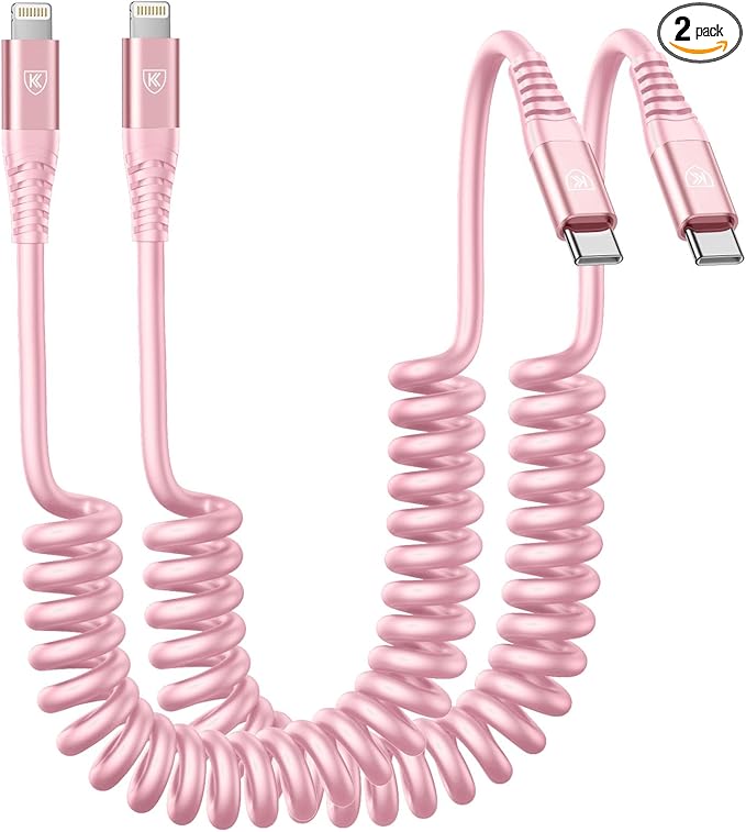 KIYODA USB C to Lightning Cable 3FTfor Car, Coiled iPhone Charger Fast Charging Short USBC Lightning iPhone Cord for iPhone14/13/12/11 Pro Max/iPad/CarPlay- 2Pack Pink