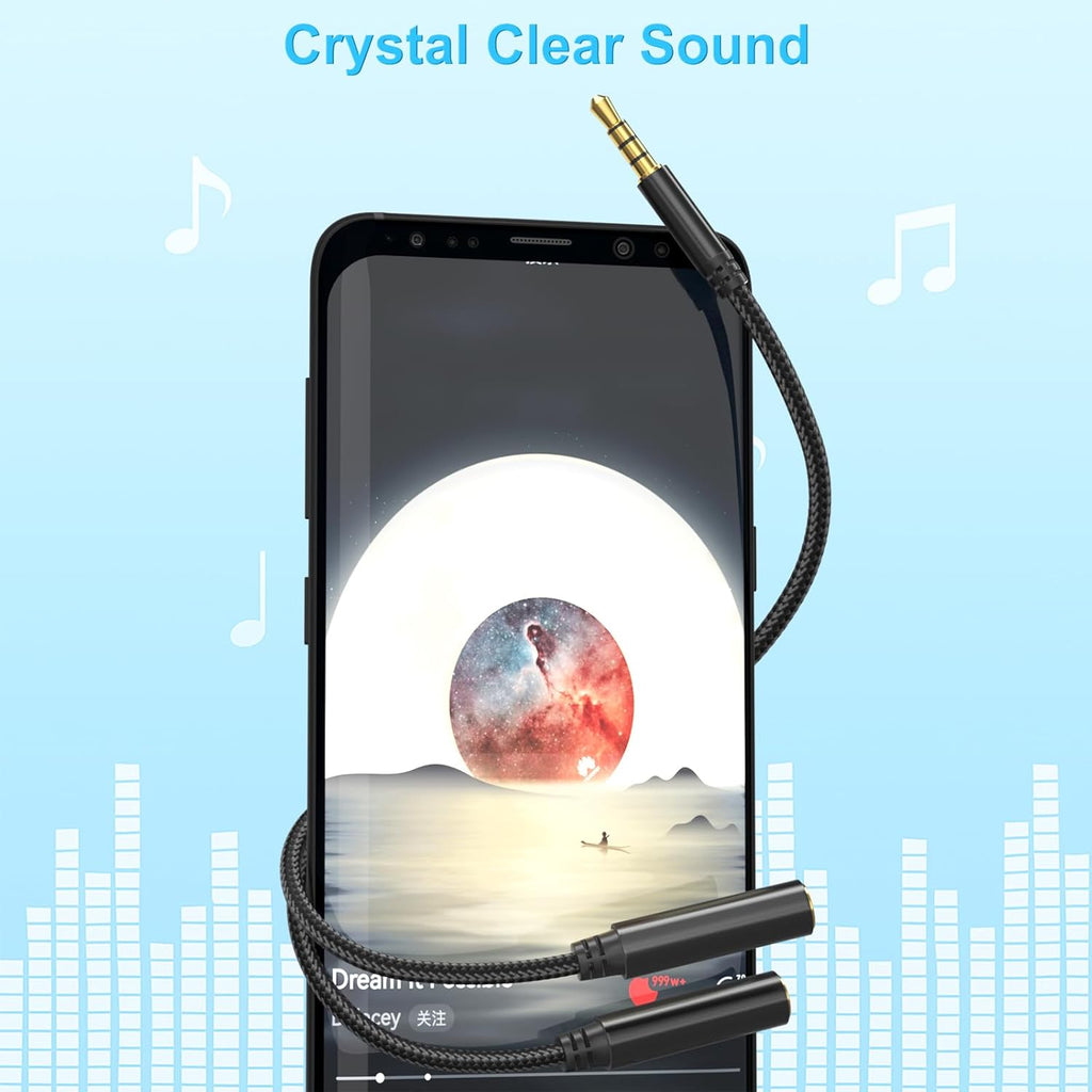 3.5mm TRRS Splitter for 2 Headphones 1FT 2-Pack, Dual Support Audio & Mic, 3.5 mm Aux Jack Cable 1 in 2 out, Double 1/8" Stereo Female Adapter,Headset Split Y Cord 2 Way for Phone/Tablet/Laptop/PC/MP3