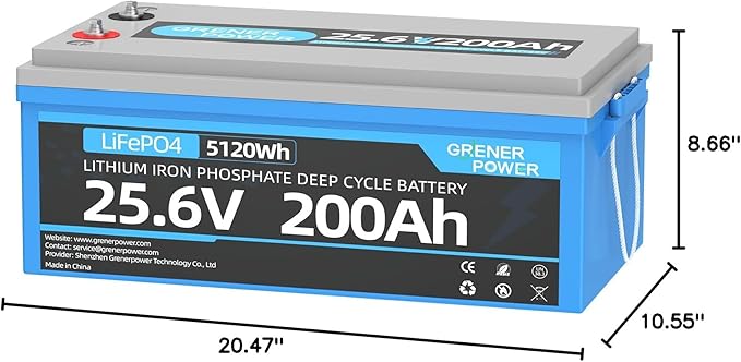 25.6V 200Ah LiFePO4 Battery with 100A BMS, Max. 5120Wh Energy, 4000-15000 Deep Cycles Lithium Battery, 10-Year Lifespan, Perfect for RV, Trolling Motor, Solar Off-Grid Storage, Home System