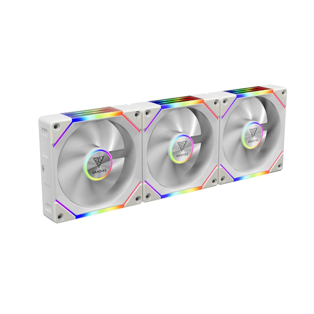 GAMDIAS AEOLUS P2-1203 120mm ARGB PWM Fan (3 Pack, no Hub), Include Reverse Fan Blade x3 & Controller, ARGB Sync, Easy Installation & Cabless Daisy-Chain Design, Silent Operation, Up to 2400RPM, White
