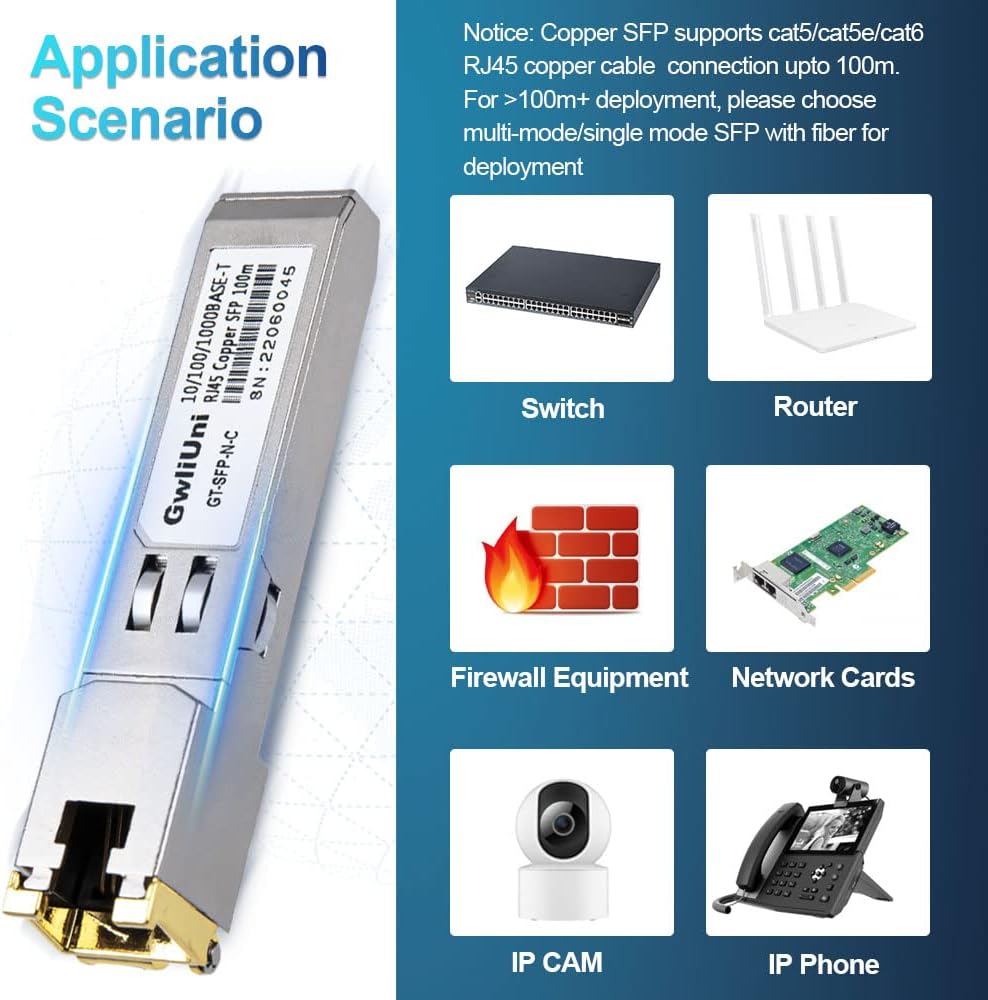 10Pcs 1.25Gbps RJ45 Copper SFP, 10/100/1000Base-T transceiver Module 100m for Switch, Router, Firewall, Network Card, Media Converter etc