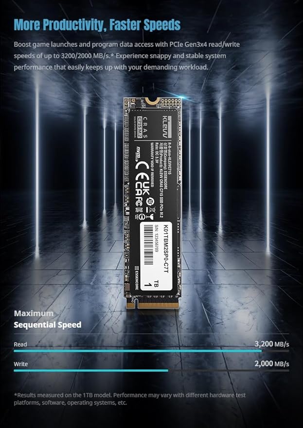 KLEVV CRAS C715 1TB M.2 2280 NVMe PCIe Gen3x4 Laptop & Desktop, up to 3200MB/s (K01TBM2SP0-C7T)
