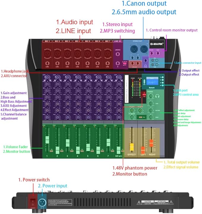G-MARK MR80S Audio Mixer Interface USB Bluetooth Mixing Console 8 Channel 48V Phantom Power Sound Board Music Reverb For PC Stage DJ Studio Sound Controller Analog Mixer