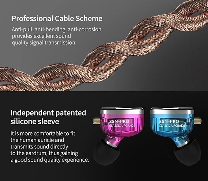 KZ ZSN Pro Dual Drivers 1BA 1DD in Ear Earphones HiFi Power Bass Earbuds Headphones High Clarity Sound Wired Earphones with Detachable Cable for Audiophile Musician