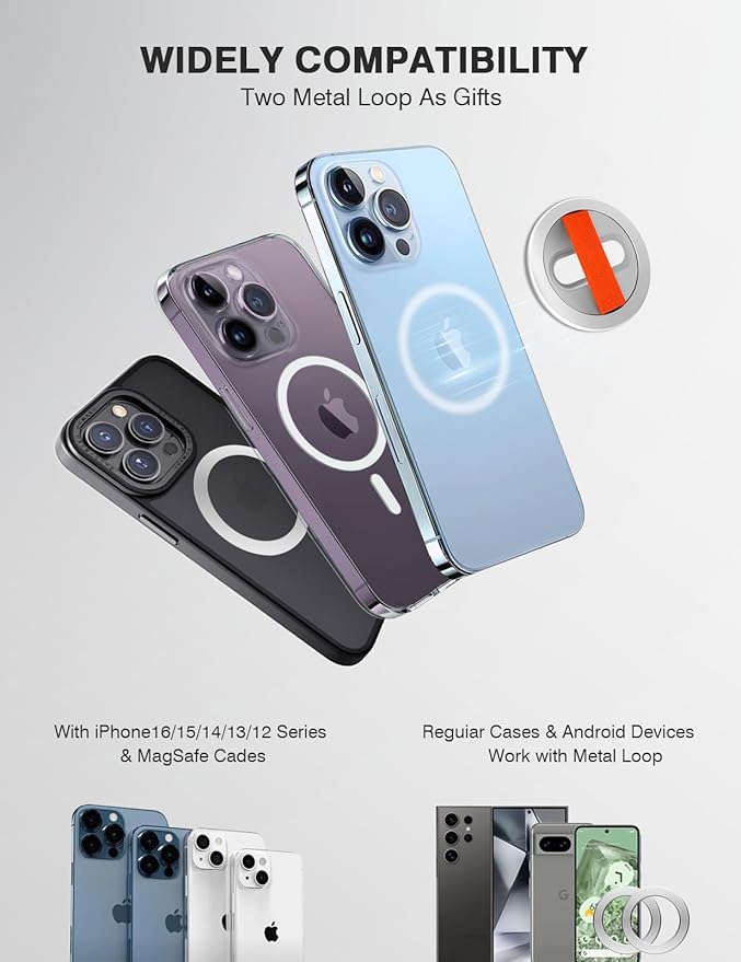 Lite 2 Magnetic Phone Grip, [Elastic Finger Strap] Phone Loop Holder, Compatible with Magsafe Series iPhone 16 15 14 13 12 Pro max, Silver