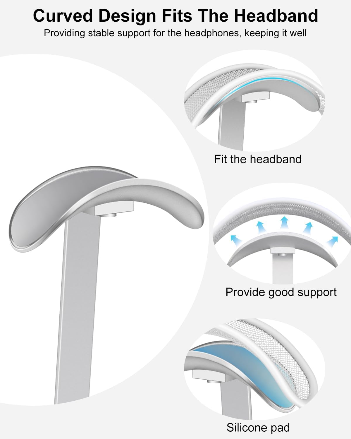 VICHYIE Headphone Stand for AirPods Max, Headset Holder with Aluminum Supporting Rod, Heavy Base Desk Stand Headphones Support Accessory for All Headphones - Silver White
