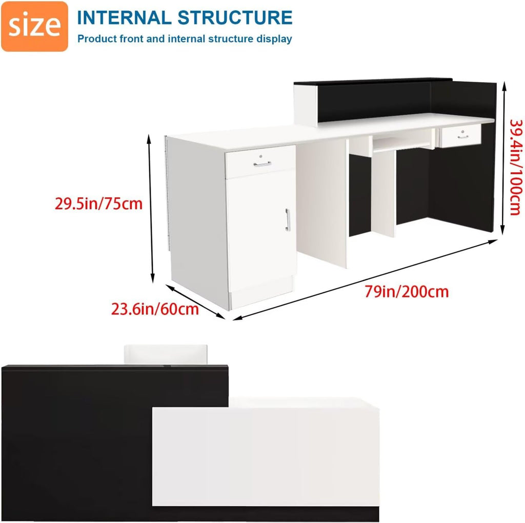 Reception Desk with Counter Modern Checkout Counter with Lockable Drawer Keyboard Tray Receptionist Desk for Office Salon Reception Table Q Right 79inch/200cm
