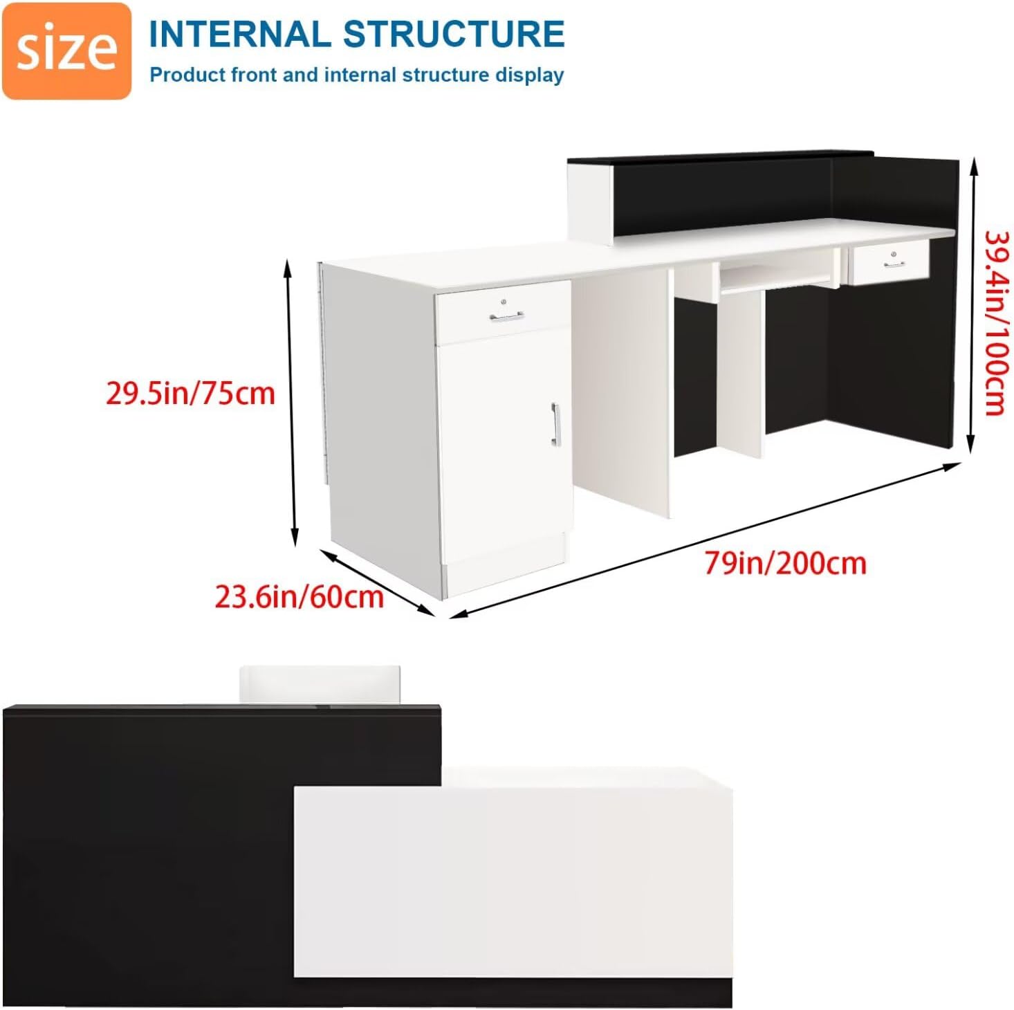 Reception Desk with Counter Modern Checkout Counter with Lockable Drawer Keyboard Tray Receptionist Desk for Office Salon Reception Table Q Right 79inch/200cm