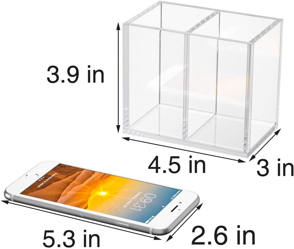 NIUBEE Acrylic Pen Holder 2 Compartments, Clear Pencil Organizer Cup for Countertop Desk Accessory Storage