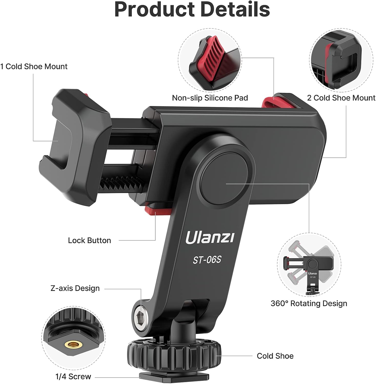 ULANZI ST-06S Phone Tripod Mount, Universal Smartphone Mount Adapter with 2 Cold Shoe, 360° Rotates Adjustable Cell Phone Clip Clamp Holder, Compatible with iPhone, Samsung Galaxy and All Phones