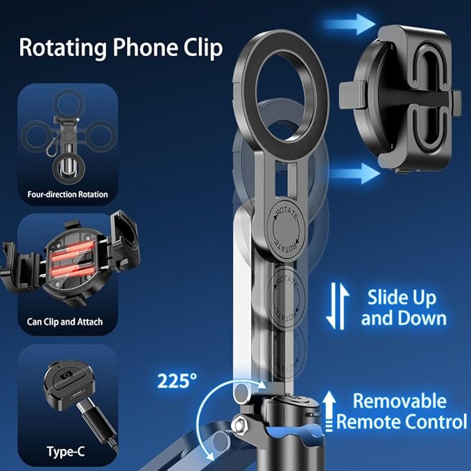 4-in-1 Multi-Functional 360° Rotating Mini Magnetic Portable Selfie Stick, Pocket-Sized Retractable Phone Holder, Equipped with Wireless Detachable Remote Control