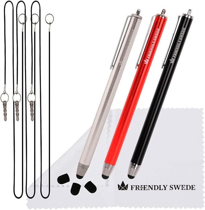 The Friendly Swede Stylus Pen for Touchscreen — 3-Pack 5.5" High Precision Stylus Pen with Replaceable Thin Tips, Elastic Lanyards & Screen Cleaning Cloth - Red/Black/Silver