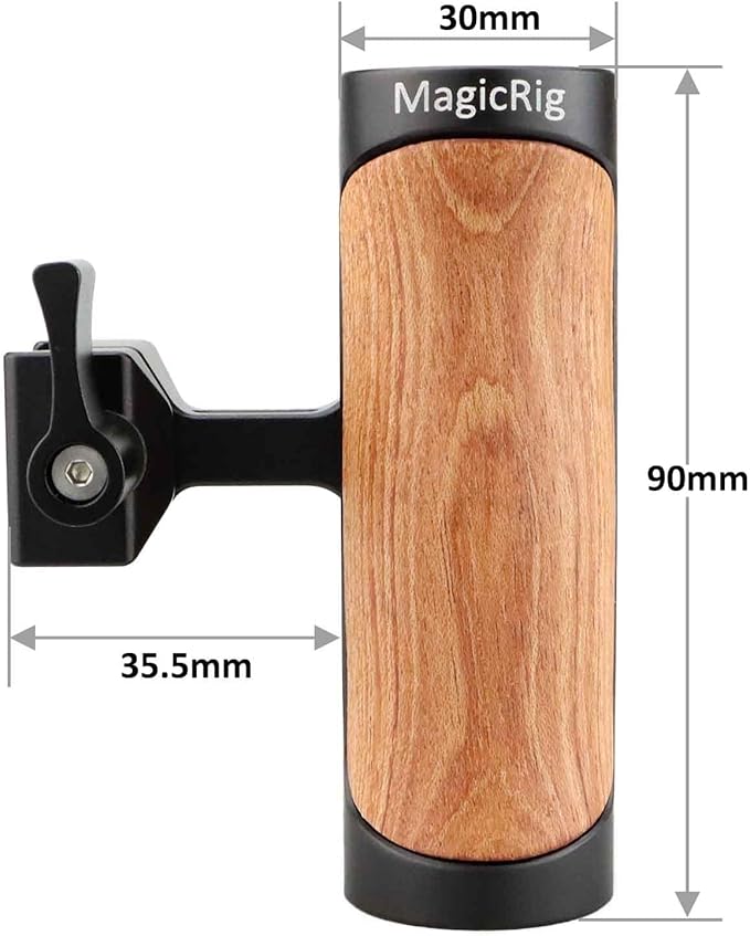 Wooden NATO Side Handle Mini Grip & NATO Rail 50mm for DSLR/Volg Camera Cage, Built-in Cold Shoe Mount, 1/4" & 3/8" ARRI Thread Hole, Up and Down Adjustable, for Left or Right Handle