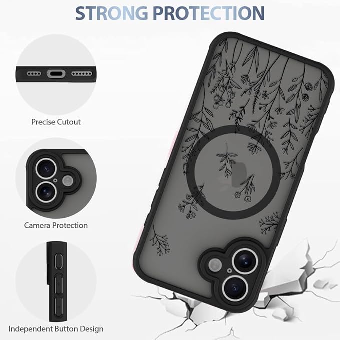AIGOMARA Magnetic Case for iPhone 16 Plus [Compatible with MagSafe] Cute Black Flower Floral for Women Girls Soft TPU Bumper Hard PC Back Anti-Fall Shockproof Protective Slim Cover