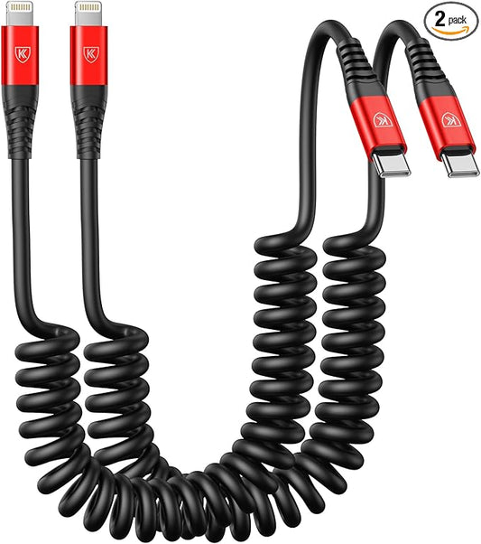KIYODA USB C to Lightning Cable 6FT 2Pack, Coiled iPhone Charger USB C Fast Charging for Car Short iPhone Cord for iPhone14/13/12/11 Pro Max/iPad/CarPlay-Red