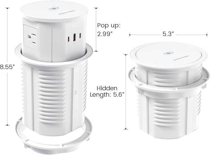 Pop up Outlet for Countertop with 15W Wireless Charger,65W USB C Charging Station,4 Outlets,2 USB C,USB A,Tamper Resistant Receptacle,4.7-inch Hole Power Grommet,Desk Recessed Outlet,White