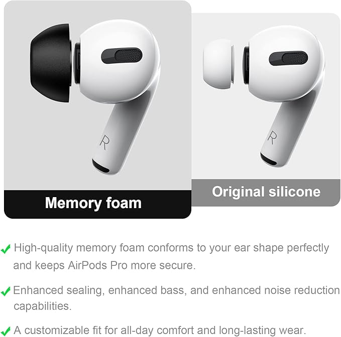 Lanwow Premium Memory Foam Tips for AirPods Pro & AirPods Pro 2nd Generation. No Silicone Eartips Pain. Anti-Slip Eartips. Fit in The Charging Case, Extra Small 3 Pairs (XS, Black)