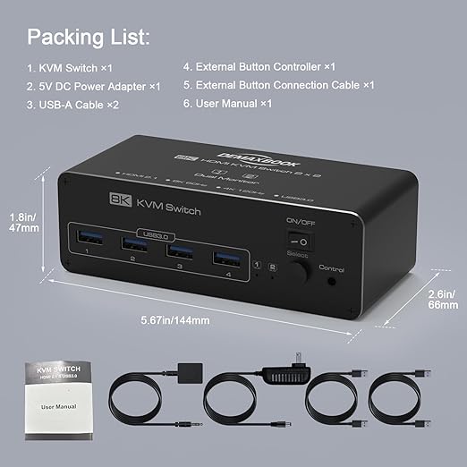 DEMEXBOOK Dual Monitor HDMI Displayport KVM Switch 2 Monitors 2 Computers 8K@60Hz/4K@144Hz,2 Computers Share 2 Monitors,USB 3.0 Ports,Extended/Copy Mode Support,2 USB Cables,Remote Control Included